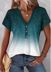 Turquoise tops,White tops,Ombre tops,ROTITA Button Ombre Turquoise V Neck Short Sleeve Blouse