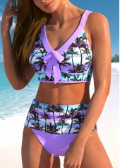 Light Purple swimwear,Plants swimwear,Striped swimwear,Geometric swimwear,ROTITA Patchwork Light Purple Tropical Plants Print Bikini Set