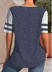 Navy plus size,Grey plus size,Contrast Color plus size,ROTITA Patchwork Navy Lace Up Collar Short Sleeve Blouse