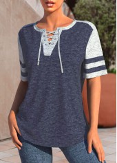 Navy plus size,Grey plus size,Contrast Color plus size,ROTITA Patchwork Navy Lace Up Collar Short Sleeve Blouse