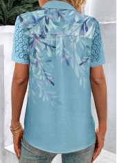 Blue tops,Plants tops,ROTITA Button Plants Print Blue Shirt Collar Short Sleeve Blouse