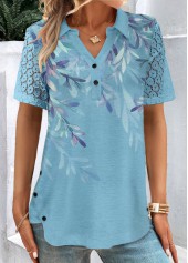 ROTITA Button Plants Print Blue Shirt Collar Short Sleeve Blouse
