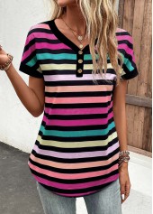 Multi Color tops,Rainbow Color tops,Striped tops,Geometric tops,ROTITA Button Striped Multi Color V Neck T Shirt