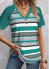 Cyan tops,Striped tops,Geometric tops,ROTITA Patchwork Striped Cyan V Neck T Shirt