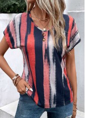 Multi Color tops,Rainbow Color tops,Striped tops,ROTITA Lightweight Striped Multi Color V Neck T Shirt