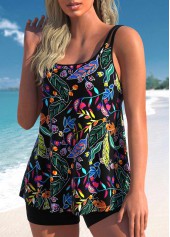 Black swimwear,Floral swimwear,Plants swimwear,ROTITA Black Floral Print Scoop Neck Tankini Top