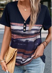 Navy tops,Striped tops,Geometric tops,ROTITA Button Striped Navy V Neck T Shirt