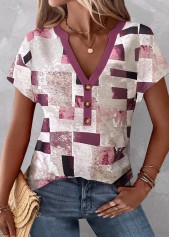 Multi Color tops,Geometric tops,ROTITA Button Geometric Print Multi Color T Shirt