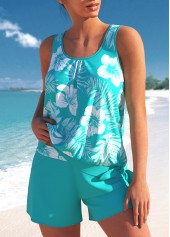 Mint Green swimwear,Plants swimwear,Floral swimwear,ROTITA Bowknot Mint Green Tropical Plants Print Tankini Set
