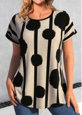 Dark Camel tops,Black tops,Geometric tops,Striped tops,ROTITA Geometric Print Dark Camel Round Neck T Shirt