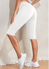 White bottoms,Plain Color bottoms,White Mid Waisted Elastic Waist Knee Length Leggings