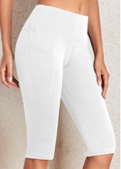 White bottoms,Plain Color bottoms,White Mid Waisted Elastic Waist Knee Length Leggings