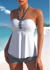 White swimwear,Black swimwear,Striped swimwear,ROTITA Drawstring White Striped High Waisted Tankini Set