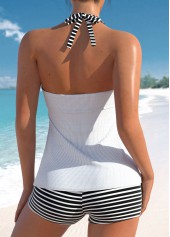 White swimwear,Black swimwear,Striped swimwear,ROTITA Drawstring White Striped High Waisted Tankini Set
