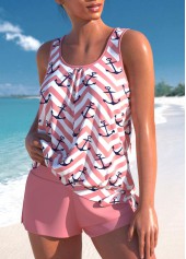Pink swimwear,Geometric swimwear,Chevron swimwear,ROTITA Tie Pink Geometric Print High Waisted Tankini Set