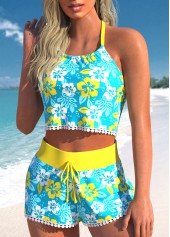 Cyan swimwear,Yellow swimwear,Floral swimwear,Plants swimwear,ROTITA Tassel Cyan Floral Print High Waisted Bikini Set