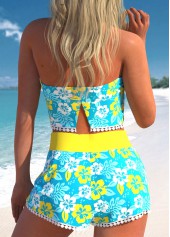 Cyan swimwear,Yellow swimwear,Floral swimwear,Plants swimwear,ROTITA Tassel Cyan Floral Print High Waisted Bikini Set