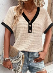 Beige tops,Contrast Color tops,ROTITA Button Beige V Neck Short Sleeve T Shirt