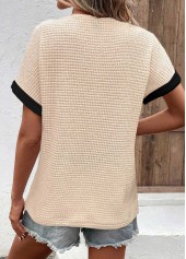 Beige tops,Contrast Color tops,ROTITA Button Beige V Neck Short Sleeve T Shirt