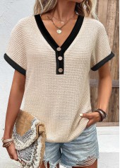 ROTITA Button Beige V Neck Short Sleeve T Shirt