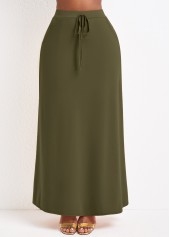 Olive Green bottoms,Plain Color bottoms,Pocket Olive Green Drawastring A Line Maxi Skirt