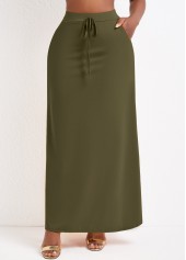 Pocket Olive Green Drawastring A Line Maxi Skirt