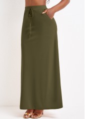 Olive Green bottoms,Plain Color bottoms,Pocket Olive Green Drawastring A Line Maxi Skirt