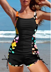 Black swimwear,Floral swimwear,ROTITA Patchwork Black Floral Print Mid Waisted Tankini Set
