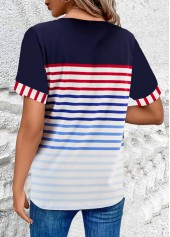 Multi Color tops,Rainbow Color tops,Striped tops,Geometric tops,ROTITA Button Striped Multi Color Round Neck Short Sleeve Blouse