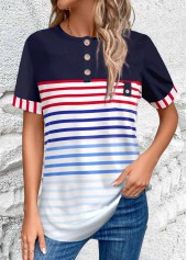 ROTITA Button Striped Multi Color Round Neck Short Sleeve Blouse