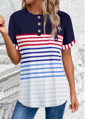 Multi Color tops,Rainbow Color tops,Striped tops,Geometric tops,ROTITA Button Striped Multi Color Round Neck Short Sleeve Blouse