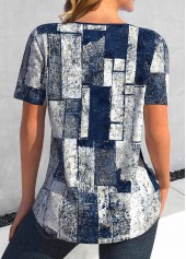 Navy tops,Geometric tops,Plaid tops,Striped tops,ROTITA Lace Up Geometric Print Navy Short Sleeve Blouse