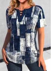 Navy tops,Geometric tops,Plaid tops,Striped tops,ROTITA Lace Up Geometric Print Navy Short Sleeve Blouse