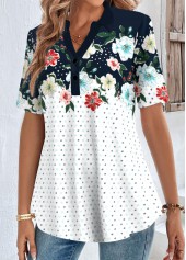 Navy tops,White tops,Floral tops,Plants tops,Dot tops,ROTITA Button Floral Print Navy Shirt Collar Short Sleeve Blouse
