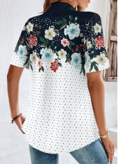 Navy tops,White tops,Floral tops,Plants tops,Dot tops,ROTITA Button Floral Print Navy Shirt Collar Short Sleeve Blouse
