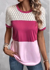 Pink tops,Contrast Color tops,ROTITA Patchwork Pink Round Neck Short Sleeve T Shirt