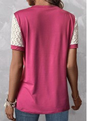 Pink tops,Contrast Color tops,ROTITA Patchwork Pink Round Neck Short Sleeve T Shirt