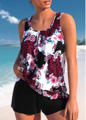 Black swimwear,Floral swimwear,Plants swimwear,ROTITA Bowknot Black Floral Print Mid Waisted Tankini Set