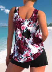 Black swimwear,Floral swimwear,Plants swimwear,ROTITA Bowknot Black Floral Print Mid Waisted Tankini Set
