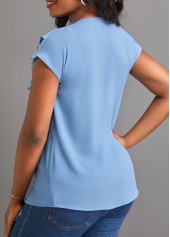 Light Blue tops,Plain Color tops,ROTITA Button Light Blue V Neck Short Sleeve Blouse