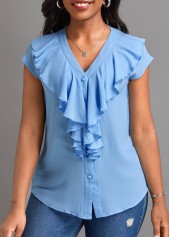 Light Blue tops,Plain Color tops,ROTITA Button Light Blue V Neck Short Sleeve Blouse