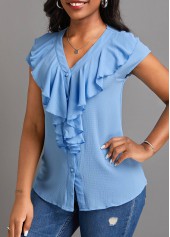 Light Blue tops,Plain Color tops,ROTITA Button Light Blue V Neck Short Sleeve Blouse