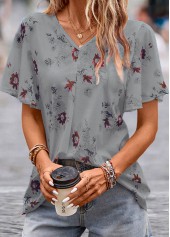 Grey tops,Floral tops,Plants tops,Floral Print Grey V Neck Short Sleeve Blouse