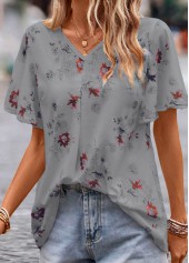 Grey tops,Floral tops,Plants tops,Floral Print Grey V Neck Short Sleeve Blouse