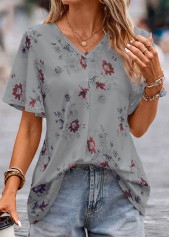 Grey tops,Floral tops,Plants tops,Floral Print Grey V Neck Short Sleeve Blouse