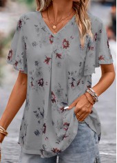 Grey tops,Floral tops,Plants tops,Floral Print Grey V Neck Short Sleeve Blouse