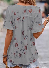 Grey tops,Floral tops,Plants tops,Floral Print Grey V Neck Short Sleeve Blouse