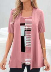 Pink tops,Geometric tops,Striped tops,ROTITA Geometric Print Pink Square Neck Fake Two Piece Twinset