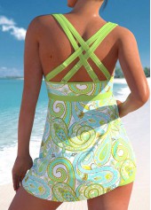 Light Green swimwear,Paisley swimwear,ROTITA Drawstring Light Green Paisley Print Mid Waisted Swimdress Set