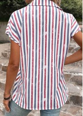 Multi Color tops,Rainbow Color tops,Striped tops,ROTITA Button Striped Multi Color Shirt Collar Blouse